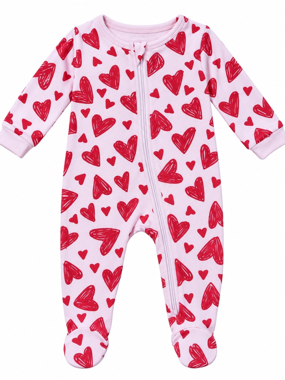 Baby Pink Heart-Print Footed One-Piece